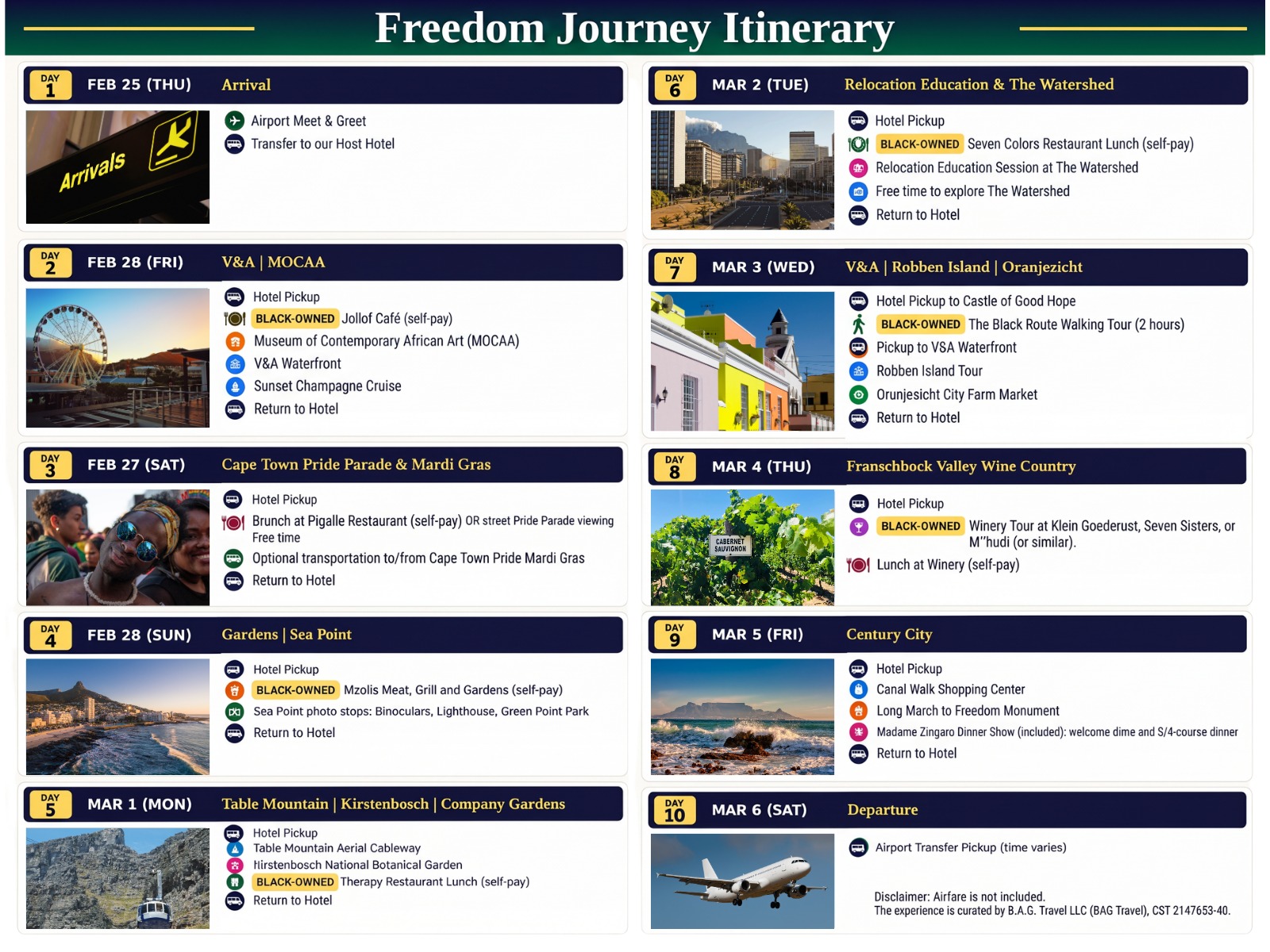 Freedom Journey Cape Town 2027 ten-day desktop itinerary, February 25 to March 6